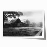 Rustic barn landscape wall art print showcasing vibrant green fields and a serene blue sky, perfect for farmhouse decor. Ideal for enhancing interior spaces with natural beauty.