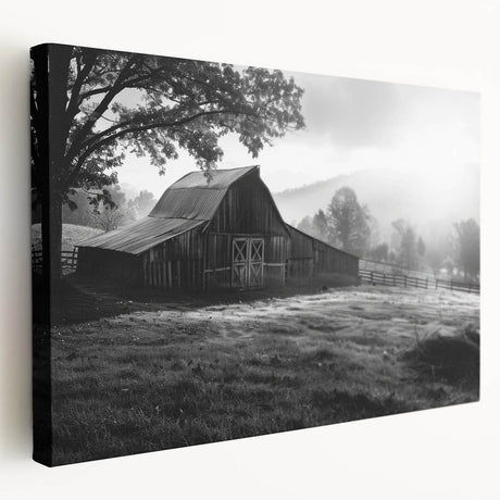 Stretched canvas wall art showcasing a picturesque landscape with a rustic barn, featuring vibrant colors and intricate details, ideal for farmhouse decor.