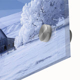 Close-up of an acrylic glass wall art piece showcasing a vibrant landscape with rustic barns, capturing intricate details and rich colors for a stunning home decor accent.