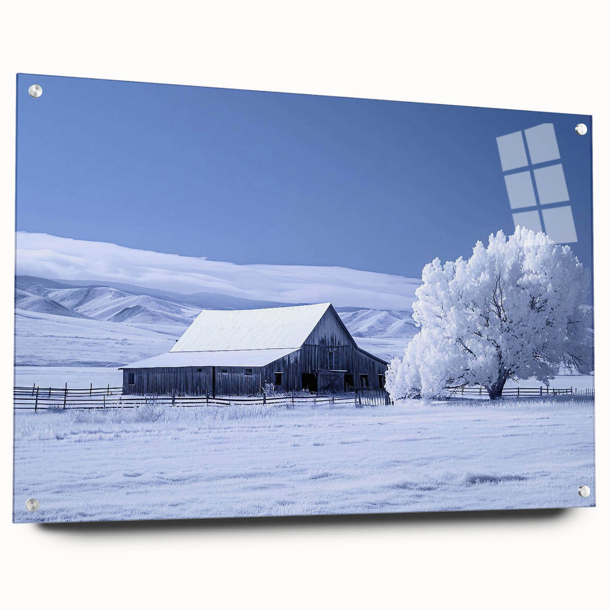 Acrylic glass artwork depicting a serene landscape with rustic barns against a vibrant sky, showcasing detailed textures and vivid colors, perfect for home decor.