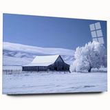 Acrylic glass wall art featuring a vibrant landscape with rustic barns and lush greenery, showcasing a side view design, perfect for home decor.