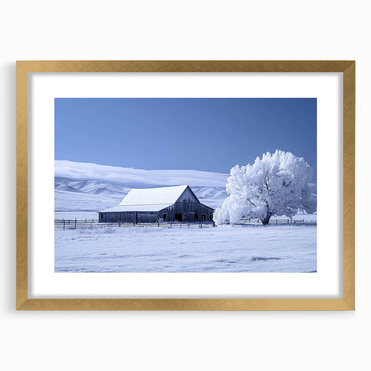 Elegant gold-framed wall art featuring a serene landscape with a rustic barn, perfect for home décor, showcasing warm tones and detailed textures. Ideal for enhancing living spaces with a touch of countryside charm.