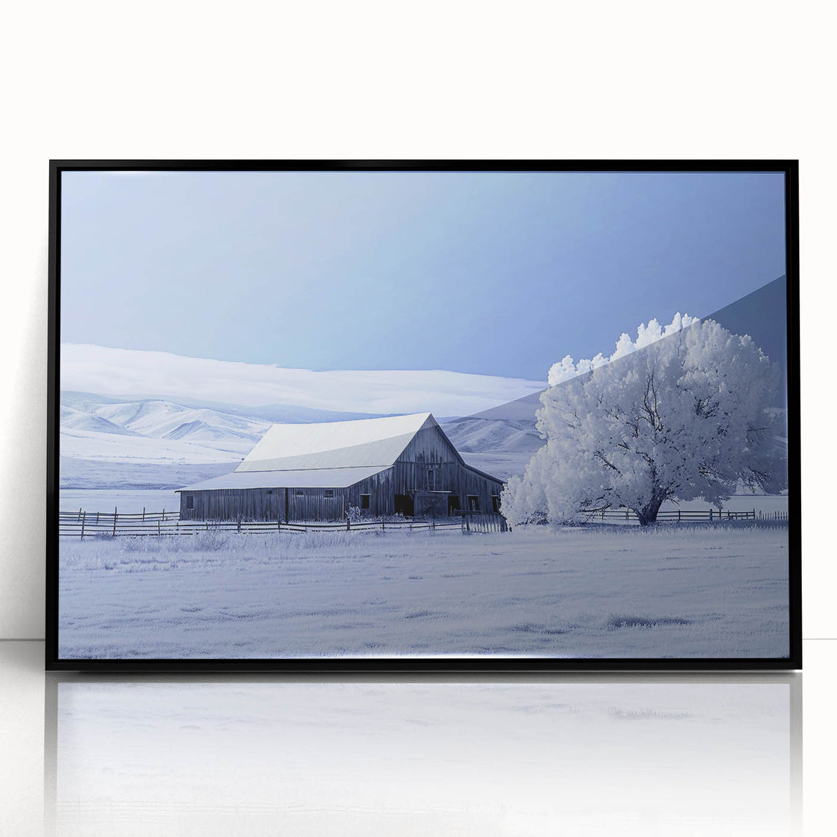Framed acrylic wall art featuring a serene landscape with a classic red barn surrounded by lush greenery, perfect for rustic home decor. The design adds warmth and charm to any living space, enhancing the aesthetic appeal with vibrant colors and detailed textures.