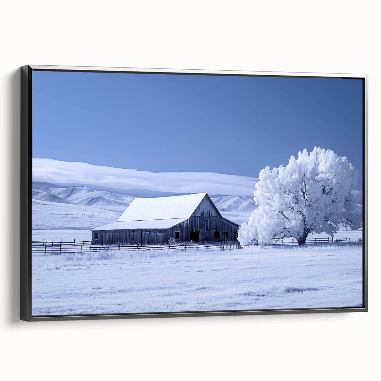 Framed canvas wall art showcasing a serene landscape with a rustic barn, featuring rich colors and detailed textures, perfect for home decor. Ideal for rustic, farmhouse-themed interiors.