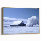 Framed canvas wall art showcasing a picturesque landscape with a rustic barn; features a gold frame, ideal for home decor and enhancing living spaces.