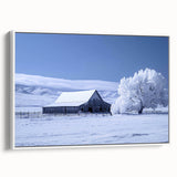 Framed wall art featuring a serene landscape with a rustic barn, set against a soft blue sky, ideal for enhancing home decor with rural charm. The canvas design highlights earthy tones and natural beauty, making it perfect for farmhouse-themed interiors.