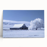 Stretched canvas art featuring a picturesque rural landscape with a rustic red barn surrounded by lush green fields under a bright blue sky, perfect for farmhouse decor.