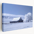 Stretched canvas wall art featuring a picturesque barn landscape against a vibrant sunset, showcasing rich colors and intricate details for rustic home decor.