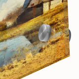 Close-up of a vibrant acrylic wall art piece showcasing a rustic barn landscape, featuring rich colors and intricate details, perfect for home decor enthusiasts.