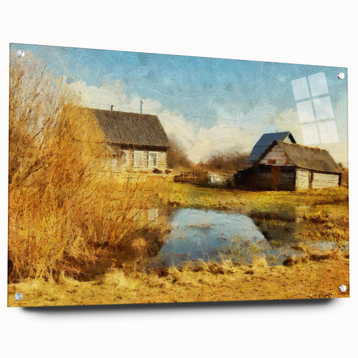 Acrylic glass wall art collection depicting a scenic landscape with rustic barns, showcasing vibrant colors and intricate details, ideal for home decor.