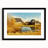 Framed wall art collection featuring a scenic landscape with a rustic barn, black frame and mat, ideal for home decor and enhancing interior aesthetics.