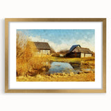 Framed landscape wall art featuring a serene barn scene with golden accents, displaying a rustic countryside vibe, perfect for home decoration or office aesthetics.