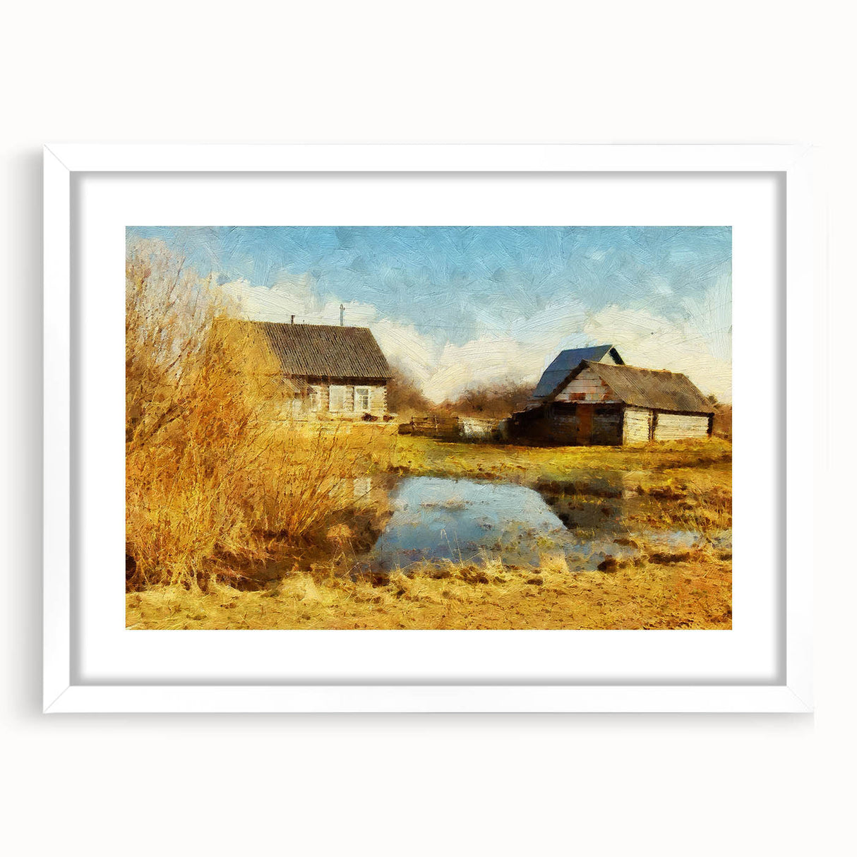 Framed wall art collection showcasing a serene landscape with a rustic barn, featuring a white mat and elegant frame, ideal for enhancing home decor.