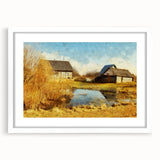 Framed wall art collection showcasing a serene landscape with a rustic barn, featuring a white mat and elegant frame, ideal for enhancing home decor.