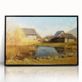 Framed acrylic wall art featuring a picturesque rural landscape with a red barn surrounded by lush greenery, ideal for home decor enthusiasts seeking nature-inspired designs.