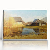 Framed acrylic wall art featuring a serene landscape with a rustic barn, showcasing vibrant colors and intricate details, perfect for home decor enhancement.