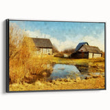Framed canvas wall art showcasing a serene landscape with a rustic barn, featuring rich green fields and a clear blue sky, ideal for home decor enthusiasts.