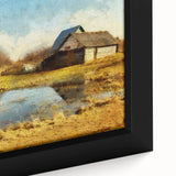 Framed canvas wall art showcasing a serene landscape with a rustic barn, vibrant greenery, and a clear blue sky, perfect for enhancing home décor.