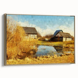 Framed canvas wall art showcasing a rustic barn landscape design, featuring rich earthy tones and a gold frame, perfect for enhancing home decor with a touch of nature.