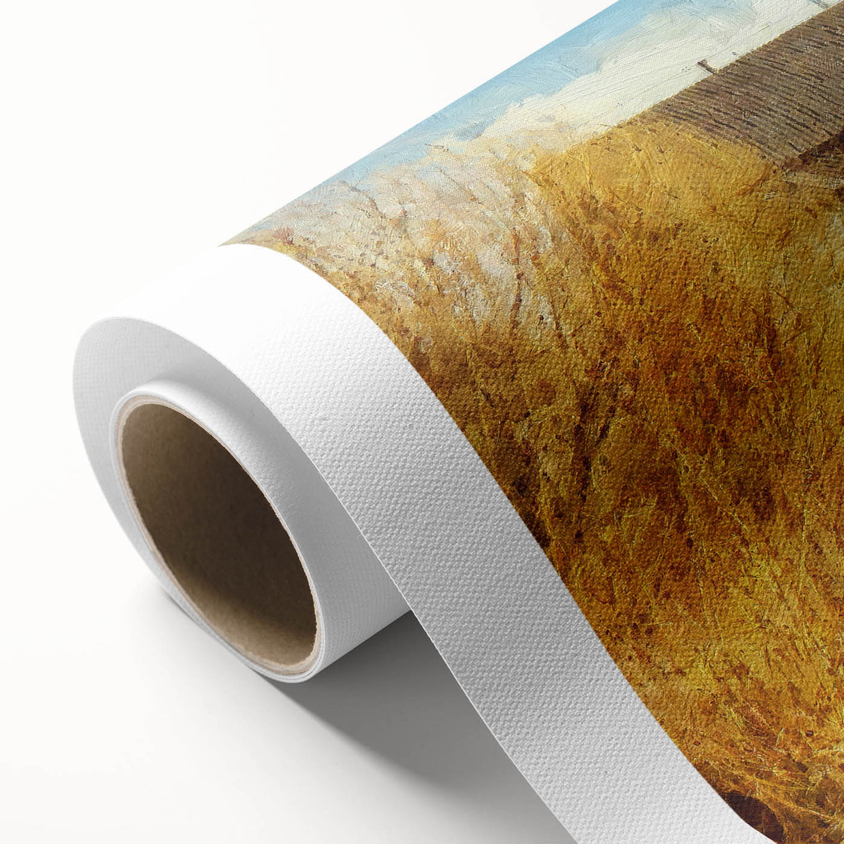 Rustic landscape barn scene printed on rolled canvas, showcasing vibrant colors and fine details, perfect for home decor and art enthusiasts. Ideal for adding a country charm to any interior space.