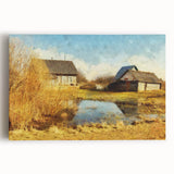 Stretched canvas wall art showcasing a vibrant landscape design of a rustic barn, perfect for enhancing home decor. The artwork features rich colors and intricate details, bringing warmth and charm to living spaces. Ideal for farmhouse or country-themed interiors.