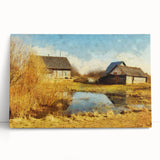 Stretched canvas artwork showcasing a serene landscape with a rustic barn, surrounded by lush greenery and a clear blue sky, ideal for home decor.