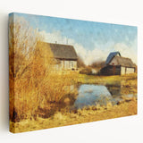 Stretched canvas wall art showcasing a tranquil landscape with a rustic barn, featuring vibrant colors and detailed textures, perfect for home decor.
