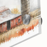 Close-up of a vibrant acrylic glass wall art piece showcasing a rustic barn landscape design, emphasizing rich colors and intricate details, perfect for home decor.