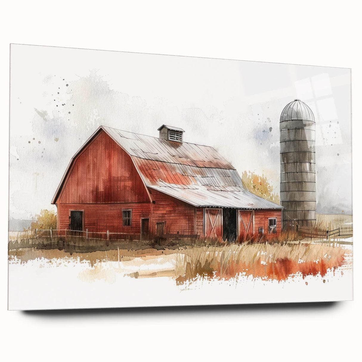 Side view of a modern acrylic glass wall art piece showcasing a serene landscape with rustic barns, ideal for home decor, adding a touch of nature to any space.