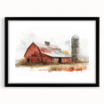 Framed wall art collection featuring a scenic landscape with rustic barns, set in a sleek black frame and mat, ideal for enhancing home decor.