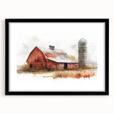 Framed wall art collection featuring a scenic landscape with rustic barns, set in a sleek black frame and mat, ideal for enhancing home decor.