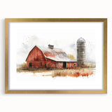 Framed wall art design showcasing a serene landscape with a rustic barn, featuring a gold mat and frame, ideal for home decor enhancement.