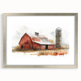 Framed wall art collection featuring a serene landscape with rustic barns, set in a silver frame and mat, designed to enhance home decor aesthetics.