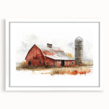 Framed wall art collection showcasing a serene landscape with rustic barns, featuring a white matting and a sleek frame, ideal for home decor.