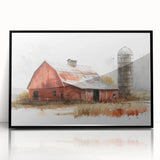 Framed acrylic wall art collection showcasing a vibrant landscape with rustic barns, featuring a sleek black frame, perfect for enhancing home decor.