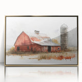 Framed acrylic wall art featuring a stunning landscape with rustic barns, set in a gold frame, perfect for enhancing home decor with a vintage touch.