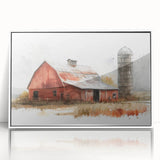 Framed wall art collection featuring a picturesque barn landscape design with a white frame, showcasing vibrant colors and detailed scenery ideal for home decor.