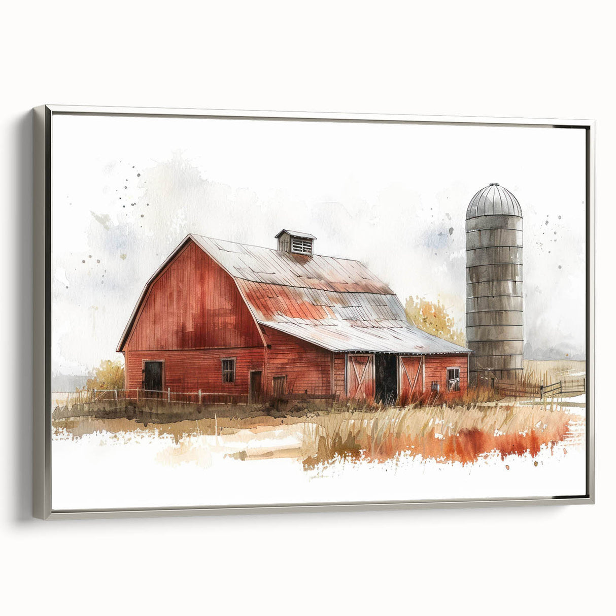 Framed wall art featuring a serene landscape with a rustic barn against a backdrop of rolling hills, showcasing soft colors and a silver frame, perfect for home décor.
