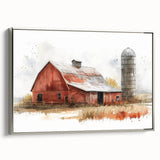Framed wall art featuring a serene landscape with a rustic barn against a backdrop of rolling hills, showcasing soft colors and a silver frame, perfect for home décor.