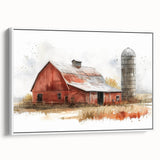 Framed canvas wall art showcasing a picturesque landscape with a rustic red barn and green fields, offering a serene country view for home decor enthusiasts.