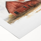 Rolled canvas artwork depicting a serene landscape with rustic barns against a vibrant sunset backdrop, ideal for home decor. Perfect for adding warmth and charm to any space.