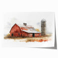 Rustic landscape featuring a charming red barn surrounded by vibrant green fields and dramatic blue skies, ideal for farmhouse decor or art collection.