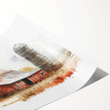 Landscape print showcasing a rustic red barn surrounded by lush green fields and a clear blue sky, perfect for home decor in farmhouse style.