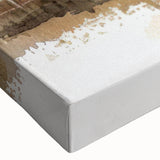 Close-up of a stretched canvas artwork featuring a serene landscape with a rustic barn, vibrant green fields, and a clear blue sky, perfect for home decor.