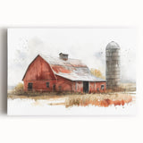 Stretched canvas wall art showcasing a vibrant landscape with a rustic barn, perfect for home decor, adding a warm and inviting touch to any room.