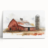 Stretched canvas wall art featuring a serene landscape with rustic barns, vibrant green fields, and a soft blue sky, ideal for home decor and adding charm to any room.