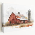 Stretched canvas wall art showcasing a vibrant landscape scene with rustic barns under a bright blue sky, perfect for enhancing home decor with rural charm.