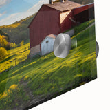 Close-up of a vibrant acrylic glass wall art piece showcasing a picturesque barn landscape, perfect for home decor enthusiasts seeking rustic charm.