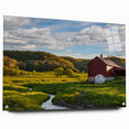 Acrylic glass wall art featuring a vibrant landscape design of rustic barns, showcasing rich colors and intricate details, ideal for enhancing home decor.