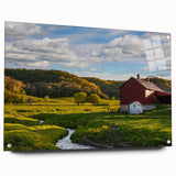 Acrylic glass wall art featuring a vibrant landscape design of rustic barns, showcasing rich colors and intricate details, ideal for enhancing home decor.